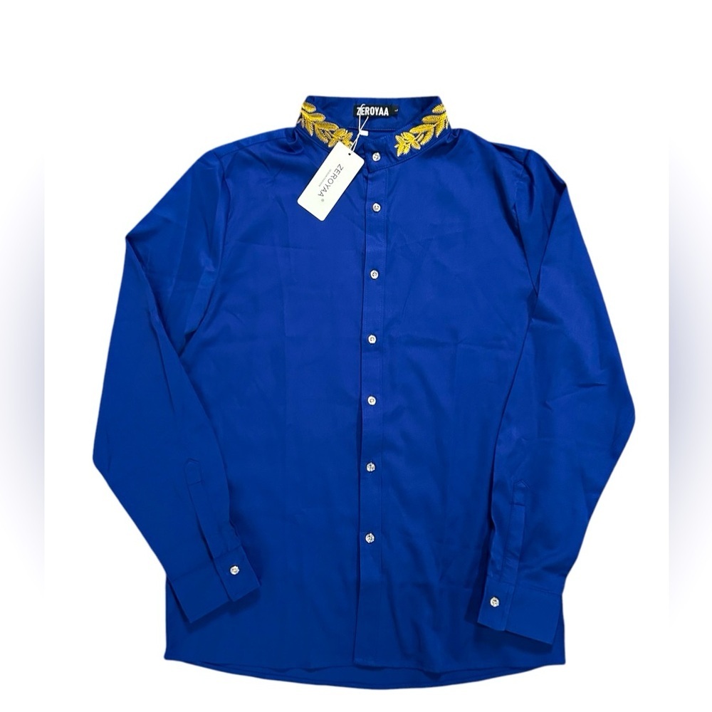 5/$25 Zeroyaa NWT men’s blue formal shirt with embroidered Mandarin collar large